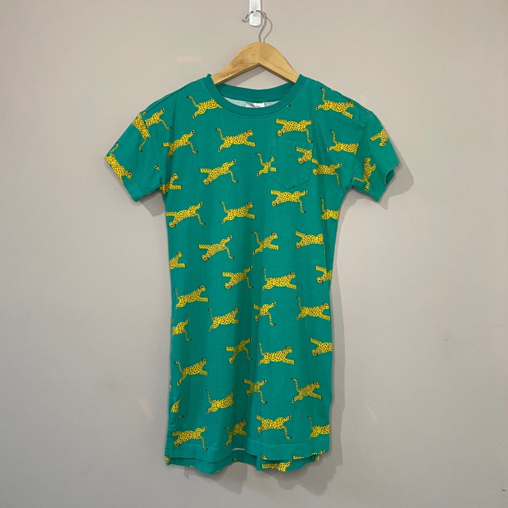 Hanna Andersson Green Cheetah Print Cotton T-Shirt Dress Girls Size 8 130cm